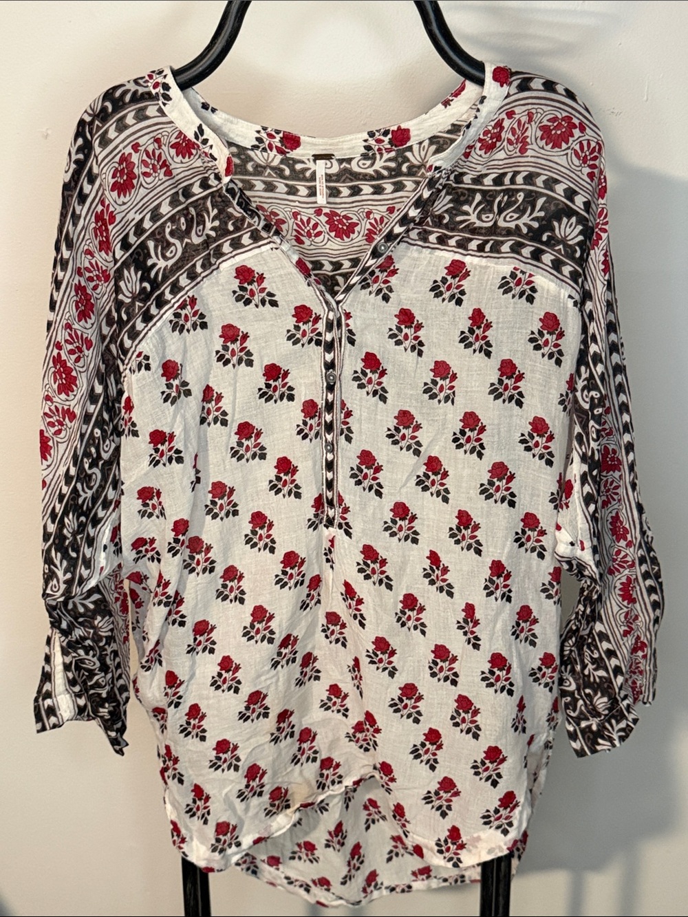 Free People White Henley Tunic with Red Rose Print with pockets